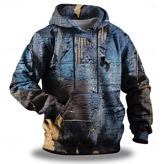 Men's Denim Hoodies Sweatshirt Fashion Cool Long Sleeve Crew Neck Holiday Going out Streetwear Dark Blue Drawstring Fall Winter Designer4