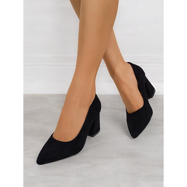 Women's Black Faux Suede Block Heel Pumps Classic Pointed Toe Heels