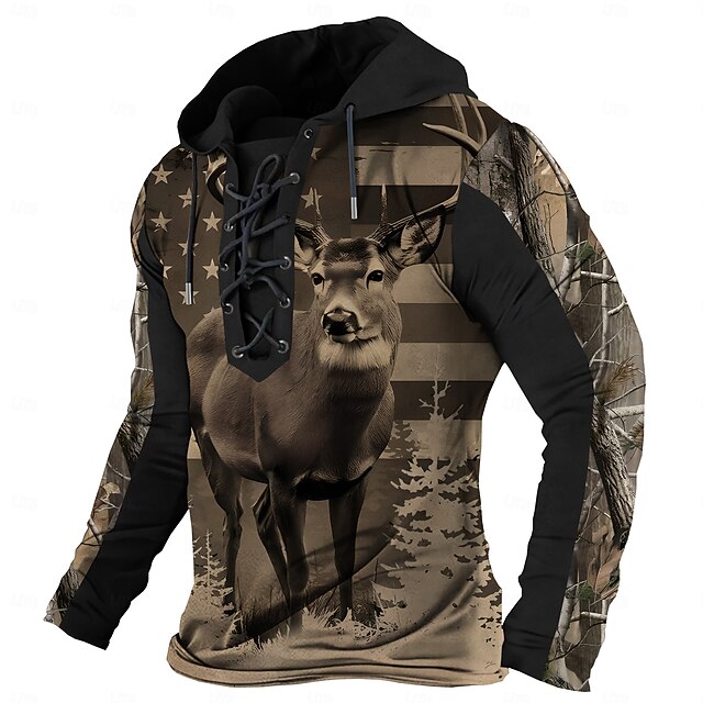 Men's American US Flag Patriotic Deer Hoodies Daily Vintage Retro Long Sleeve Hooded Vacation Holiday Going out Brown Drawstring Fall Winter Designer4