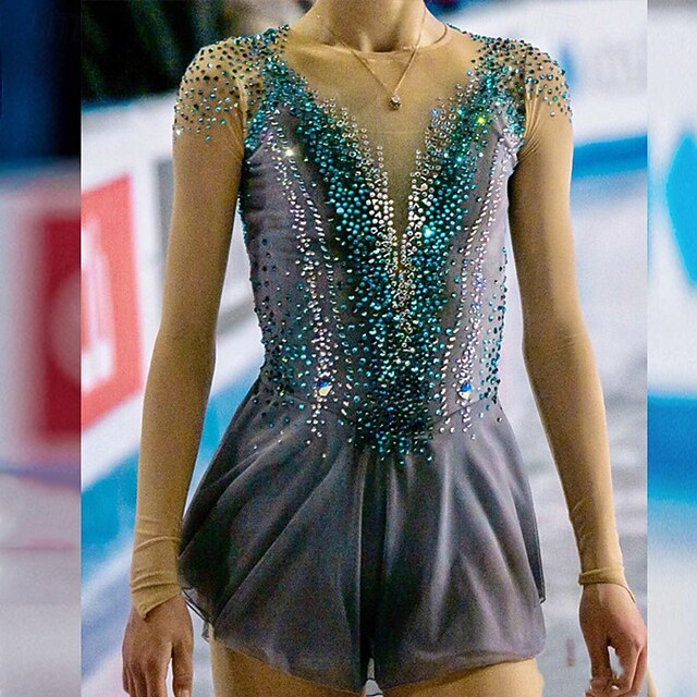 Figure Skating Dress Women's Girls' Ice Skating Dress Dark Gray Mineral Green Patchwork Thumbhole Mesh Spandex Stretchy Training Practice Professional Skating Wear Thermal Warm Crystal / Rhinestone4