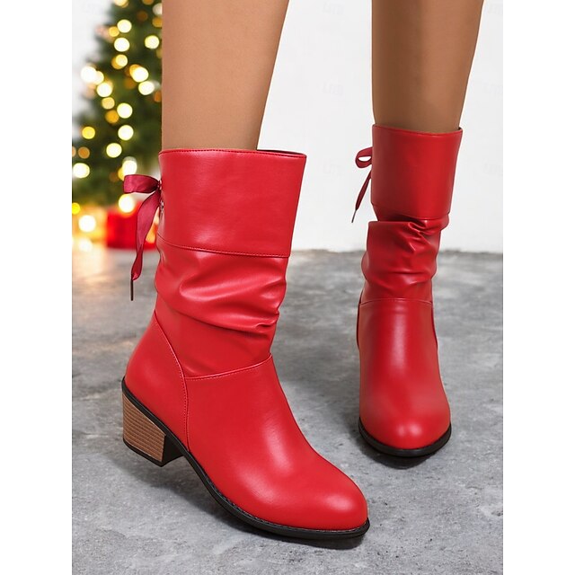  Botas de mujer de piel sintética roja de media pantorrilla con detalle de lazo y tacones de bloque: calzado festivo de invierno para Navidad y fiestas