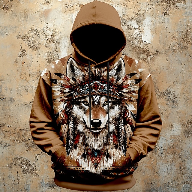 Men's Wolf Hoodies Fashion Daily Long Sleeve Crew Neck Holiday Going out Streetwear Brown Drawstring Fall Winter Designer4