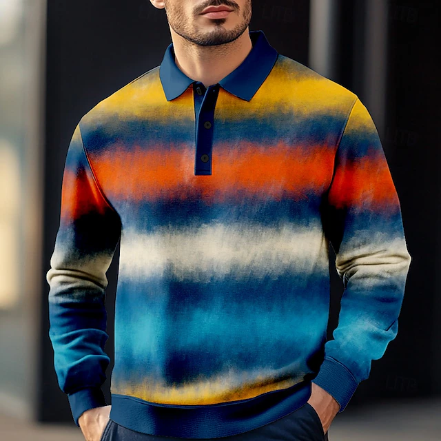 Men's Striped Rugby Polo Shirts Long Sleeve Polo Shirts Collared Shirts Casual Outdoor Home Dailywear Buttons 3D Print Spring Fall Winter Blue4