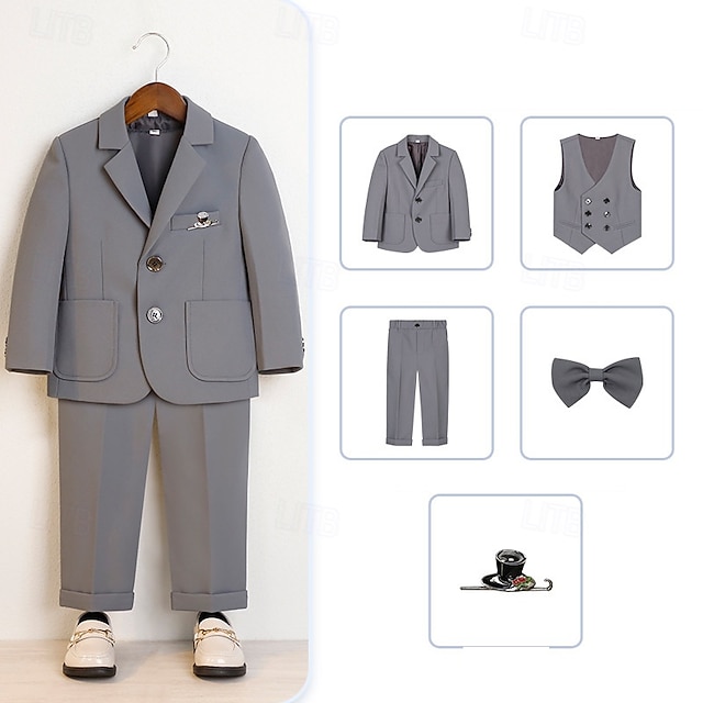  5 Stück Ring-Träger Anzug Jungen kinderkleidung Anzug Formeller Anzug Blazer & Weste & Hosen & Brosche & Krawatte Formal Party Modisch Cool Feste Farbe Tasche Blau Beige Grau Polyester