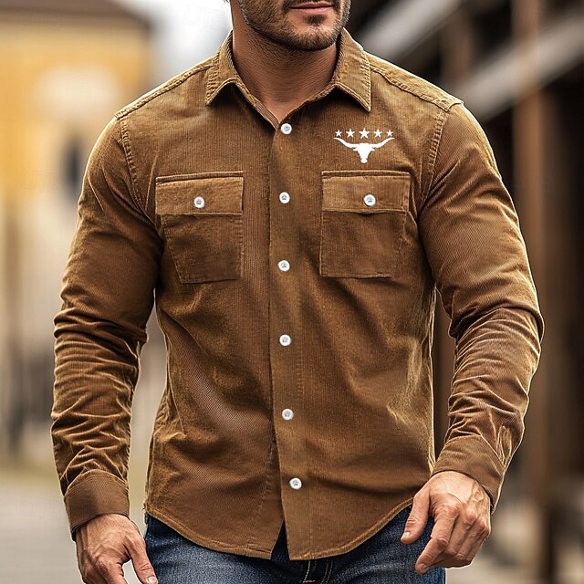 Men's Cowboy Corduroy Shirt Shirt Jacket Overshirt Long Sleeve Vintage Fashion Casual Outdoor Street Dailywear Fall & Winter Turndown Collared Shirts Buttons 3D Print 2 Pockets 1pc Brown4