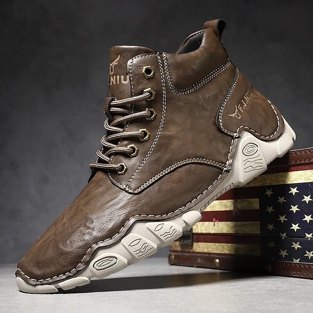 Men's Brown Faux Leather Lace-Up Ankle Boots | Durable Outdoor Footwear with Non-Slip Sole for Hiking and Casual Wear 30