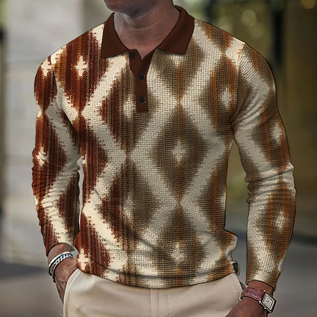 Men's Plaid Waffle Polo Shirts Long Sleeve Polo Shirts Collar Vintage Casual Outdoor Vacation Dailywear Buttons Spring Fall Winter Brown4