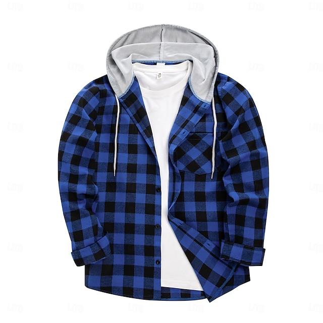  Per uomo Camicia Camicia di flanella Sovracamicia A quadri Esterno Strada Nero Bianco Rosso Blu Manica lunga Con cappuccio Inverno Primavera & Autunno Abbigliamento