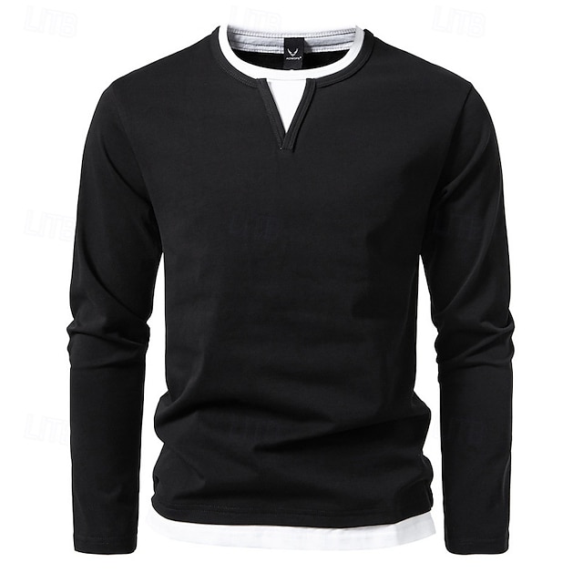  Herren T Shirt T-Shirt Langarmshirt Langarm Rundhalsausschnitt Frühling & Herbst Einfach Mode Designer Basic Falscher Zweiteiler Urlaub Straße Ausgehen Dunkelgrau Schwarz Hellgrün Top T-Shirt für