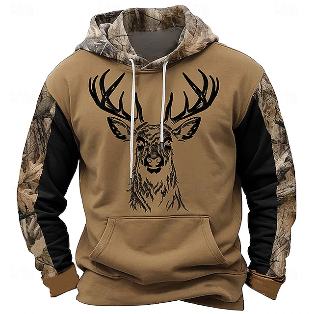 Men's Cowboy Deer Hoodies Daily Casual Long Sleeve Hooded Vacation Sports Outdoor Streetwear Black Yellow Print Front Pocket Spring & Fall Designer 6