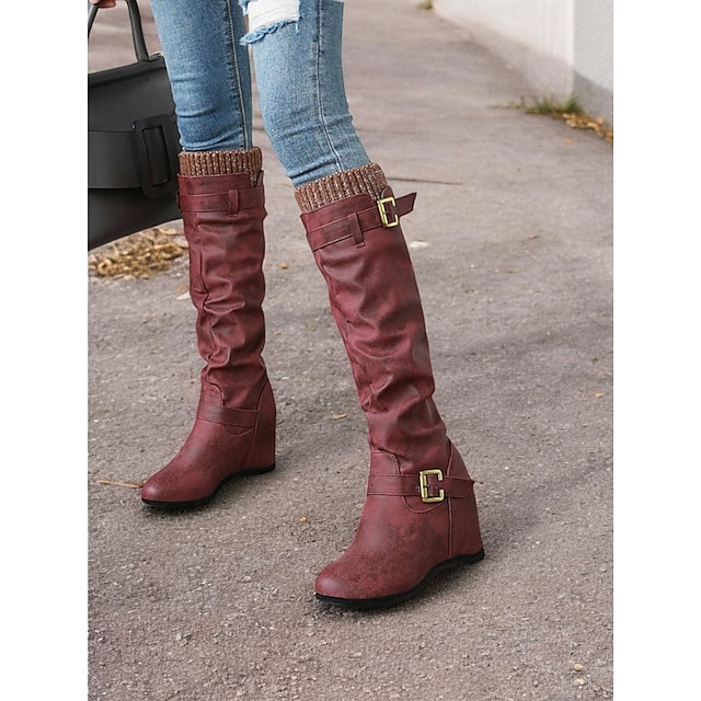  botas femininas de cano alto, cano alto, com fivelas e salto plataforma, em tom bege desbotado – botas de inverno aconchegantes com punho de malha para trajes casuais