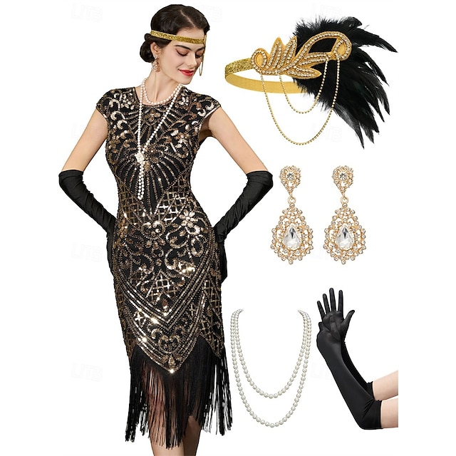  1920er Cocktailkleid Vintage-Kleid Midlänge Flapper Kleid Outfits Cocktailkleid Der große Gatsby Flapper-Mädchen Hochzeitsgast Pailletten Feder Fransen Damen Karnevalskostüm 7 STK Weihnachten