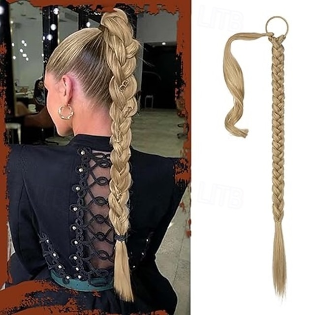  Long Braid Ponytail Extension with Hair Tie Straight Sleek Wrap Around Hair Extensions Braid Pony Tail Fluffy Natural Soft Synthetic Hairpieces for Women Daily Wear