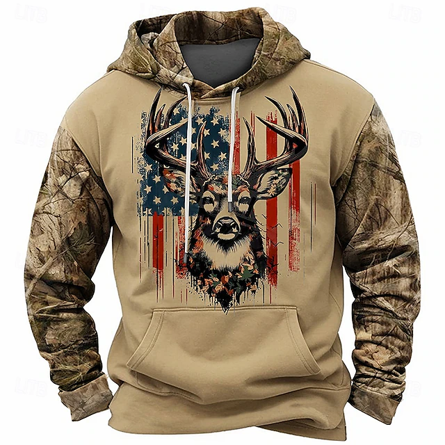 Men's American US Flag Patriotic Deer Hoodies Daily Casual Long Sleeve Hooded Vacation Sports Outdoor Streetwear Brown Light Grey Print Front Pocket Spring & Fall Designer 6