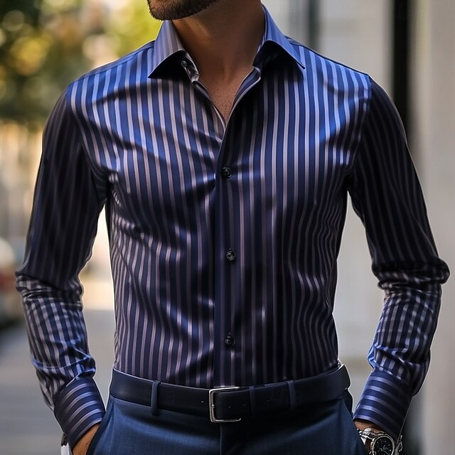 Men's Striped Dress Shirt Bowling Shirt Button Up Shirt Long Sleeve Hawaiian Casual Formal Outdoor Vacation Spring Fall Turndown Button Up Blue4