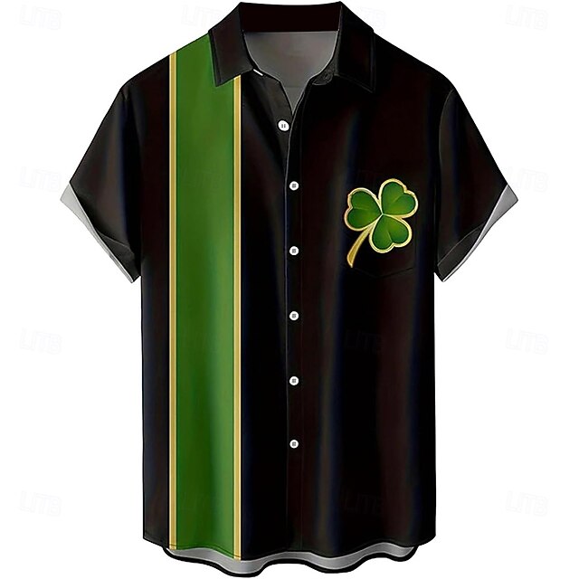 St. Patrick Men's Shamrock Clover Shirt Bowling Shirt Button Up Shirt Short Sleeve Casual St.Patrick's Day Gift Casual Spring Fall Turndown Button Up Black4
