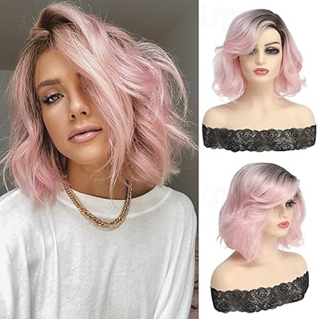  perruque courte bouclée ondulée avec frange pour femmes filles utilisation quotidienne partie latérale perruques de remplacement de cheveux synthétiques aspect naturel