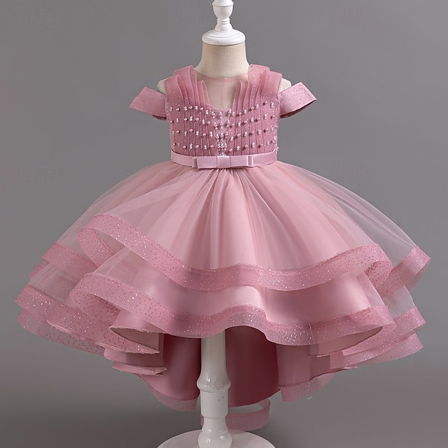  kinderkleidung Mädchen Party Kleid Feste Farbe Kurzarm Hochzeit Besondere Anlässe Rüschen Gitter Zip bezaubernd Süß Polyester Asymmetrisch abendkleider Sommer Frühling Herbst 4-13 Jahre Wei