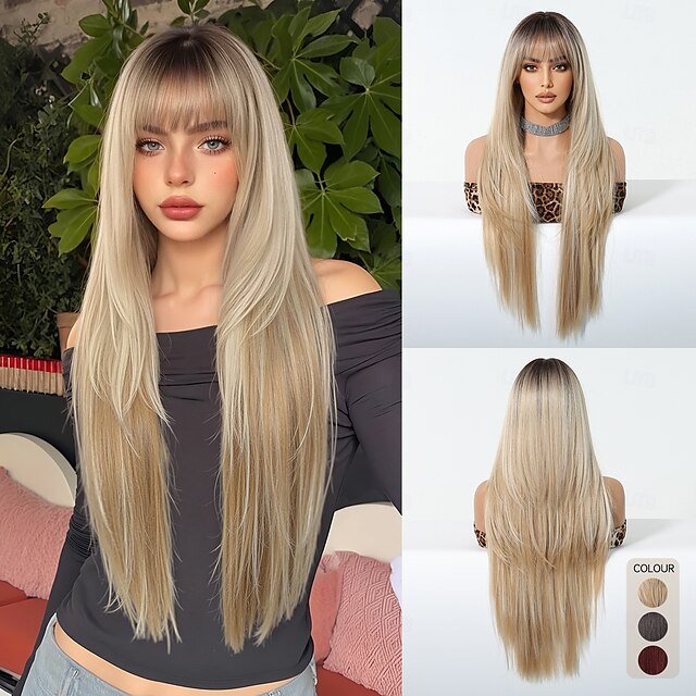  Perucas sintéticas Uniformes Trajes de carreira Princesa Liso Kinky Liso Parte do meio Corte em Camadas Com Franjas Fabrico à Máquina Peruca 28 polegadas Castanho Claro Cabelo Sintético Mulheres