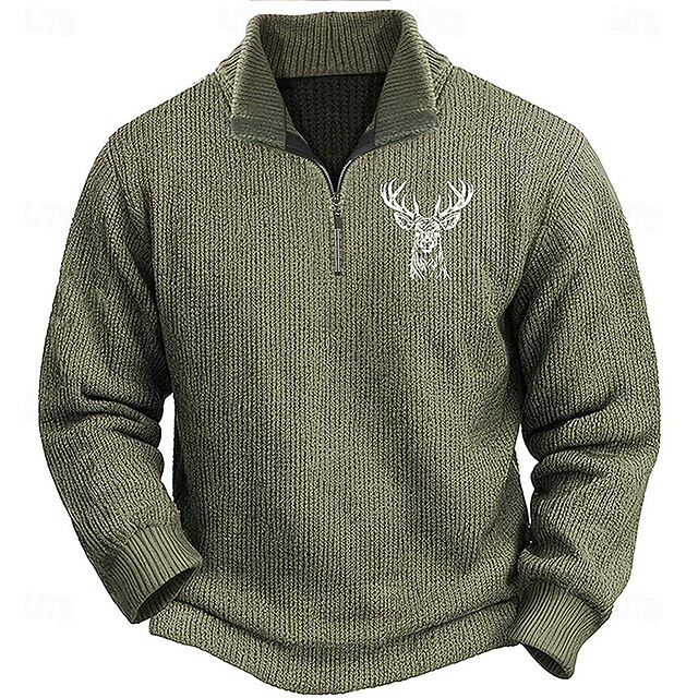 Men's Reindeer Deer Pullover Sweater Jumper Zip Sweater Polo Sweater Zip Collar Retro Vintage Casual Party Evening Wear Daily Embroidered Knitting Warm Long Sleeve Fall Winter Army Green Brown4
