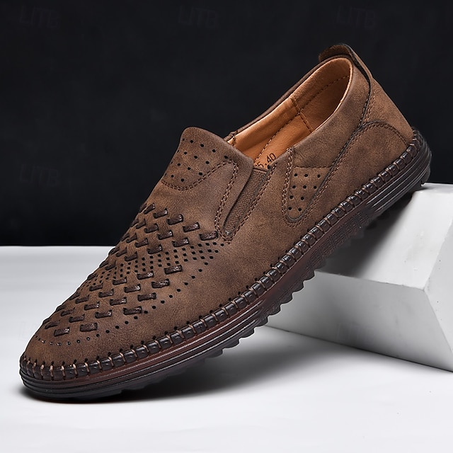  Men's Brown Suede Breathable Slip-On Loafers – Stylish Woven Design Casual Shoes for Summer, Lightweight & Comfortable Walking Footwear