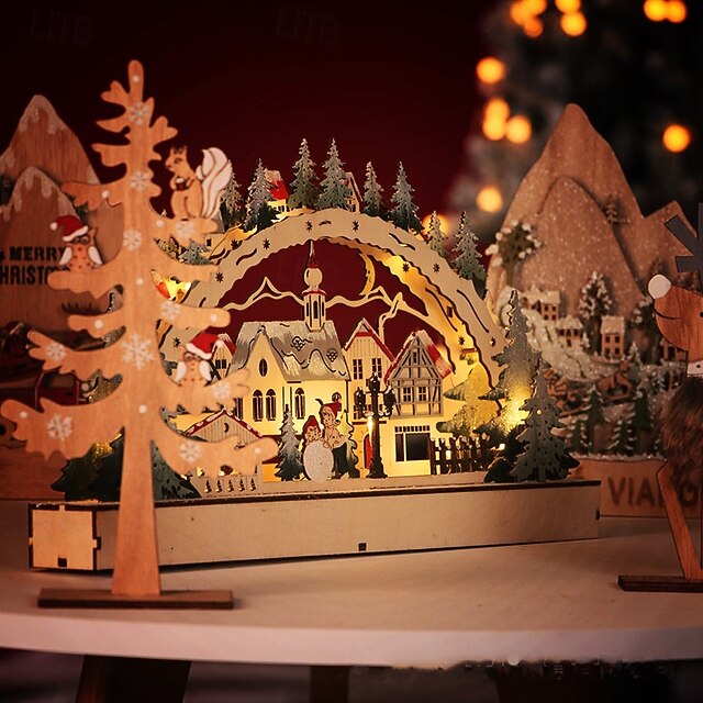Wooden Christmas Village Decoration LED Creative Holiday Display Piece