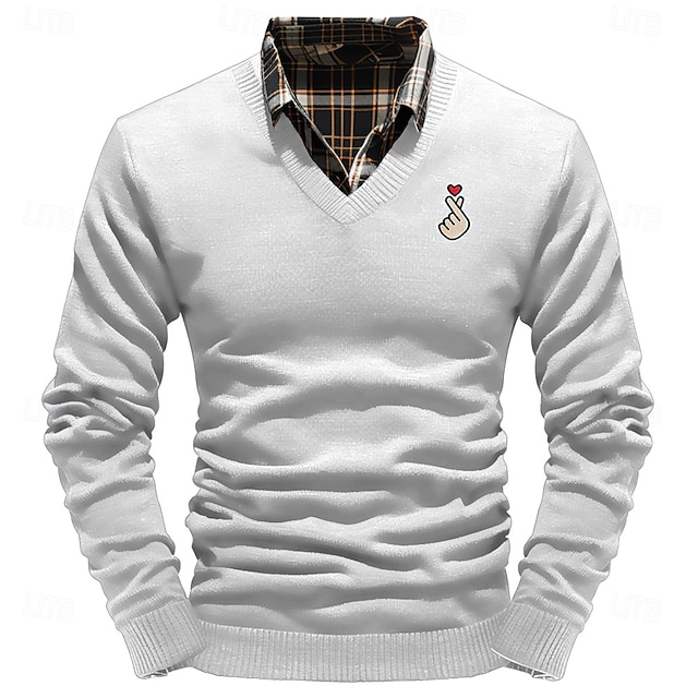  Christmas Men's LOVE Gesture Pullover Sweater Jumper V Neck Casual Party Evening Wear Daily New Years Eve Sweater Embroidered Knitting Warm Long Sleeve Fall Winter Wine Black White