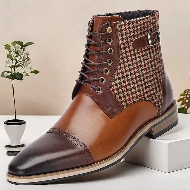  Men's Premium Cowhide Leather Ankle Boots – Vintage Houndstooth Pattern with Buckle Detail, Stylish Dress Boots for Formal and Casual Wear