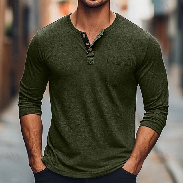  Herre T-shirt Henley-skjorte Lang ærmet skjorte Vanlig Henley Gade Daglig Langærmet Lomme Tøj Mode Designer Afslappet Bekvem