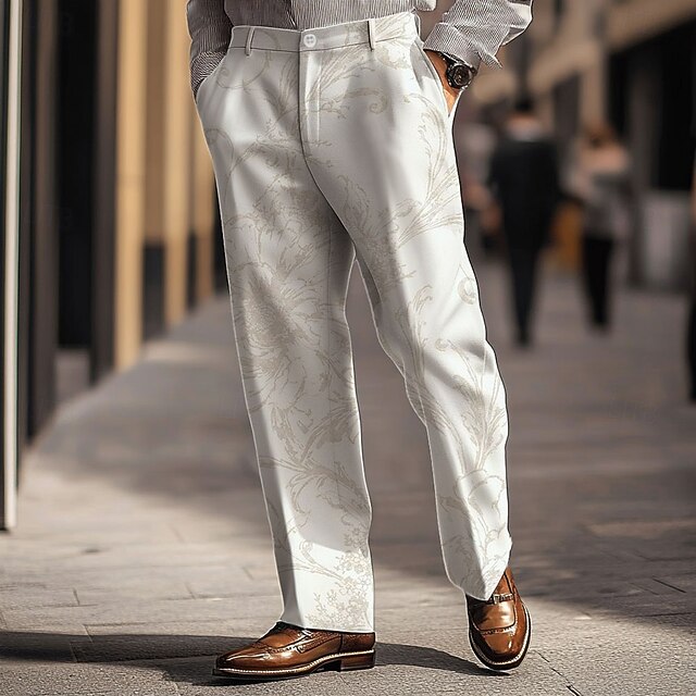 Men's Floral Dress Pants Mid Waist Fashion Casual Outdoor Home Dailywear Zipper Pocket Straight Leg Trousers Summer Spring Fall 3D Print White4