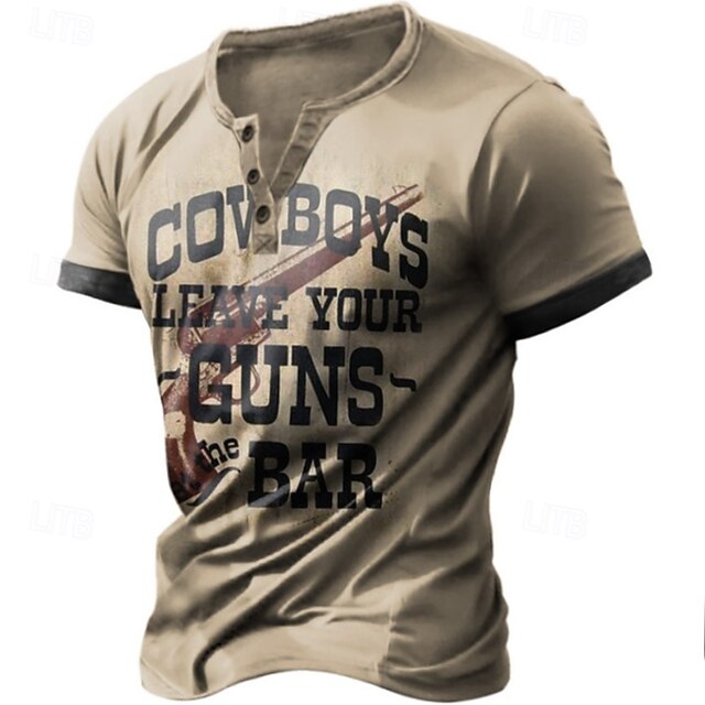 Men's Graphic Cow Boy T shirt Henley Shirt Short Sleeve Retro Vintage Street Casual Daily Summer Spring Khaki Henley Henley T-Shirt4