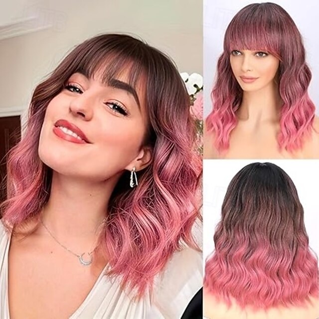  peruca com franja para mulheres bob ondulado charmosas perucas sintéticas com cabelo natural encaracolado resistente ao calor na altura dos ombros para uso diário em festas