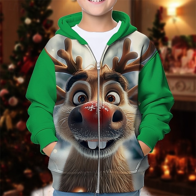  Pojkar 3D Grafisk Hjort Huvtröja med jultema Huvtröja Kappa Långärmad Vår Höst Mode Streetwear Barn 4-12 år Huva Utomhus Ledigt Dagligen Normal