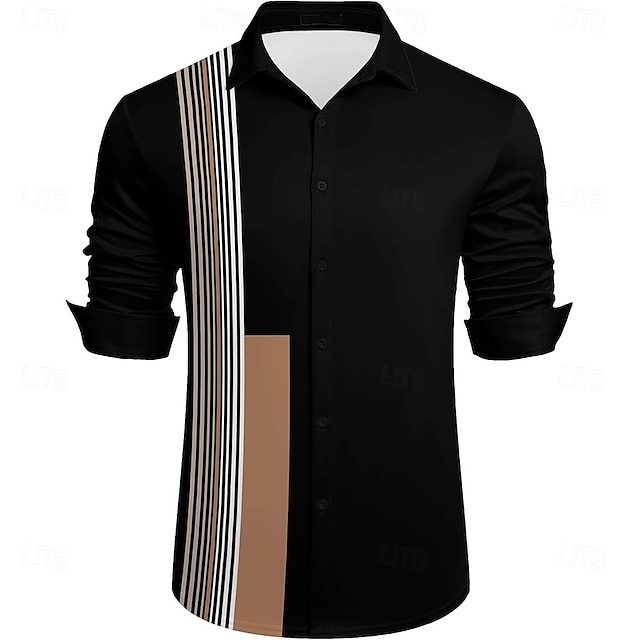  Bărbați Geometric Cămașă de bowling Camașă cu nasturi Manșon Lung Casual În aer liber Vacanță Primăvară Toamnă Răsfrânt Butonul sus Negru