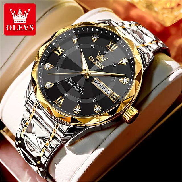  New Olevs Brand Men'S Luminous Commercial Business Steel Belt Watch Calendar Week Display Fashion Trend Waterproof Simple Leisure Quartz Watch Diamond-Shaped Mirror Sports Watch