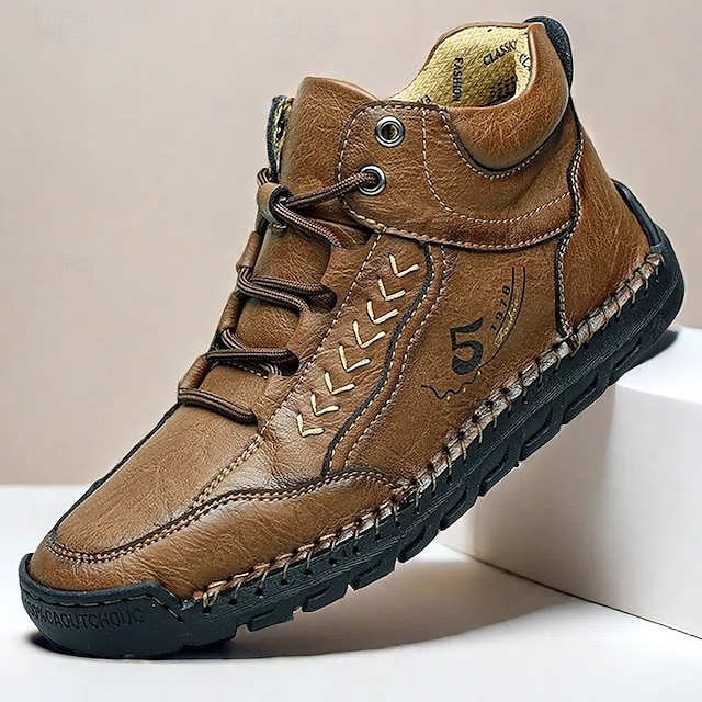  stivali casual da uomo alti in similpelle con cuciture, suola resistente e design con lacci: perfetti per le avventure all'aria aperta e per il comfort quotidiano