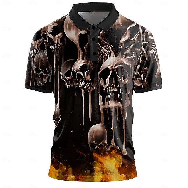 Day of the Dead Men's Skull Polo Shirts Golf Polos Shirts Short Sleeve Polo Shirts Collar Horror Vacation Party Evening Wear Dailywear 3D Print Buttons Summer Black4