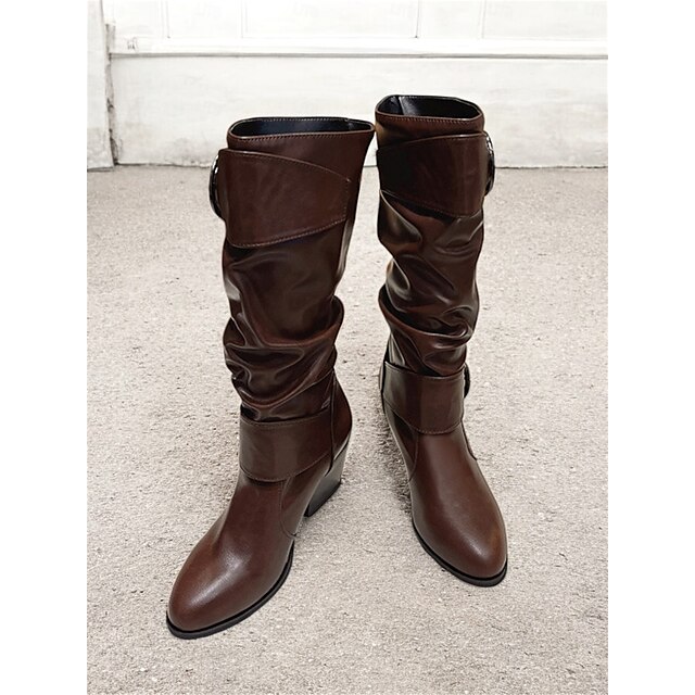  Women's Brown Mid-Calf Slouchy Boots with Decorative Buckle and Low Block Heel – Casual Western Style, Perfect for Fall and Winter Fashion