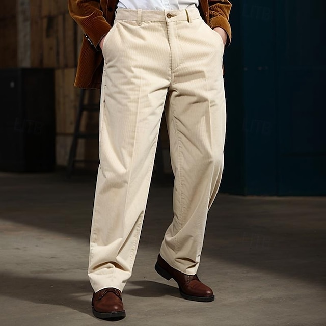  Men's Dress Pants Corduroy Pants Trousers Buttons Straight Leg Plain Comfort Soft Full Length Formal Office Casual Stylish Simple Loose Fit Black White High Waist Micro-elastic