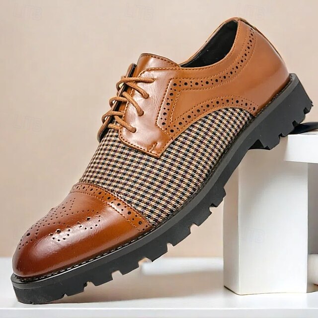 Men's Houndstooth Oxford Shoes - Brown Faux Leather Lace-Up with Brogue Detailing and Rugged Sole for Casual and Formal Wear 30