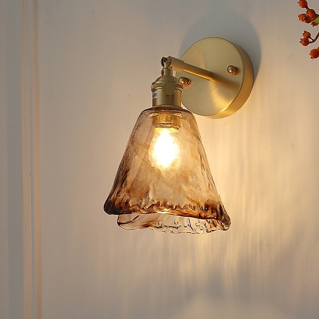  Modern Brass Wall Light Minimalist Sconces with Tea Color Glass Shade Wall Lamps with 90° Up and Down Adjustment 110-240V