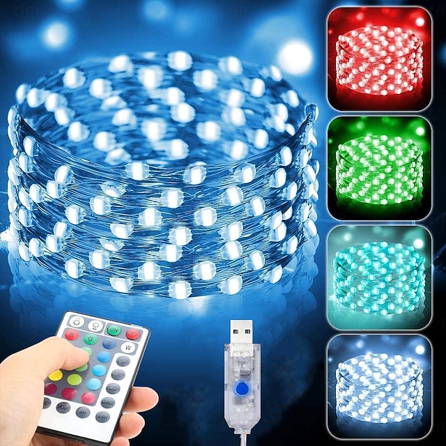  LEDストリングライト USB電源 5m-50LED/10m-100LED/12m-120LED マルチカラーフェアリーライト 色が変わる 4モード 防水銅線ライト リモートタイマー付き 屋内ガーデンパーティー用