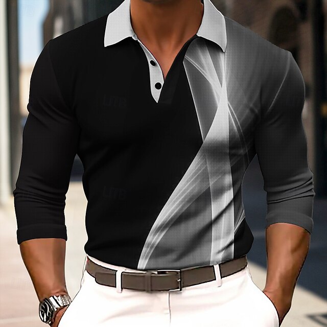 Men's Striped Waffle Polo Shirts Long Sleeve Polo Shirts Collar Business Casual Formal Outdoor Dailywear Buttons 3D Print Spring Fall Winter Black4