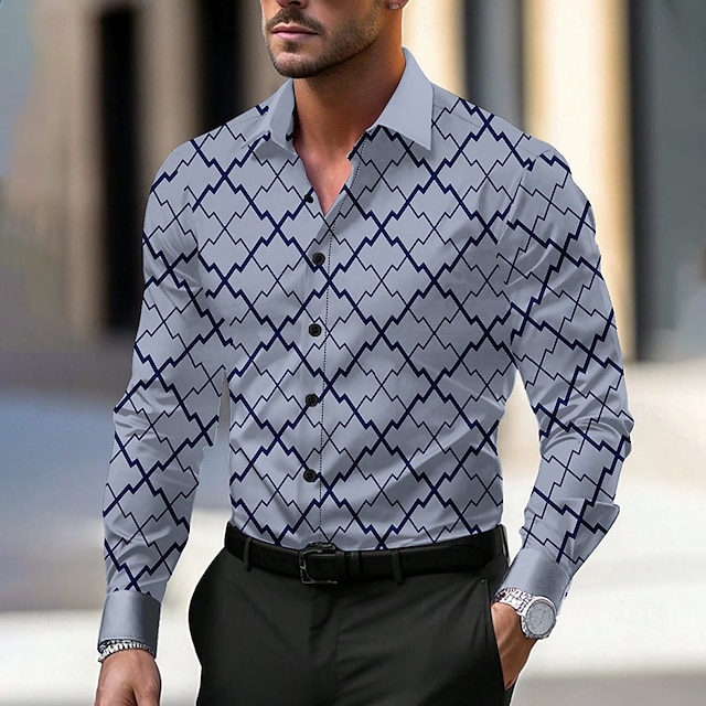  Per uomo A quadri Geometrico Camicia Camicie Camicia con bottoni Manica lunga Informale Moda Casual Formale Feste Giornaliero Primavera Autunno Collo ripiegabile Grigio