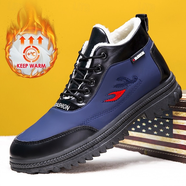  Botas masculinas de inverno à prova d'água com cadarço e forro de pele sintética, calçados externos isolados para caminhadas em clima frio e uso casual