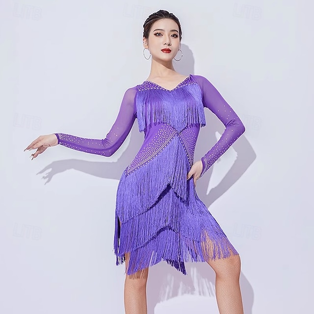  Dansul salsei latine Rochie Piatră Semiprețioasă Franjuri Despicare Pentru femei Performanță Antrenament Manșon Lung Plasă Ίνα Γάλακτος