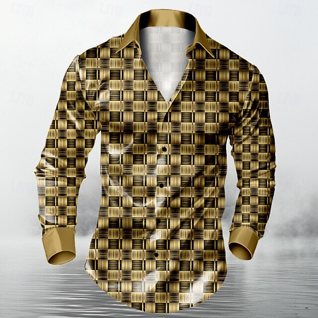 Men's Plaid Satin Shirt Dress Shirt Button Up Shirt Long Sleeve Fashion Casual Vacation Party Evening Wear Dailywear Summer Spring Fall Collared Shirts 3D Print Gold4
