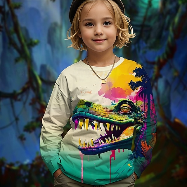  Flickor 3D Grafisk Djur Dinosaurie T-shirt Långärmad Vår Höst Mode Grundläggande Barn 4-12 år Rund hals Utomhus Ledigt Dagligen Normal