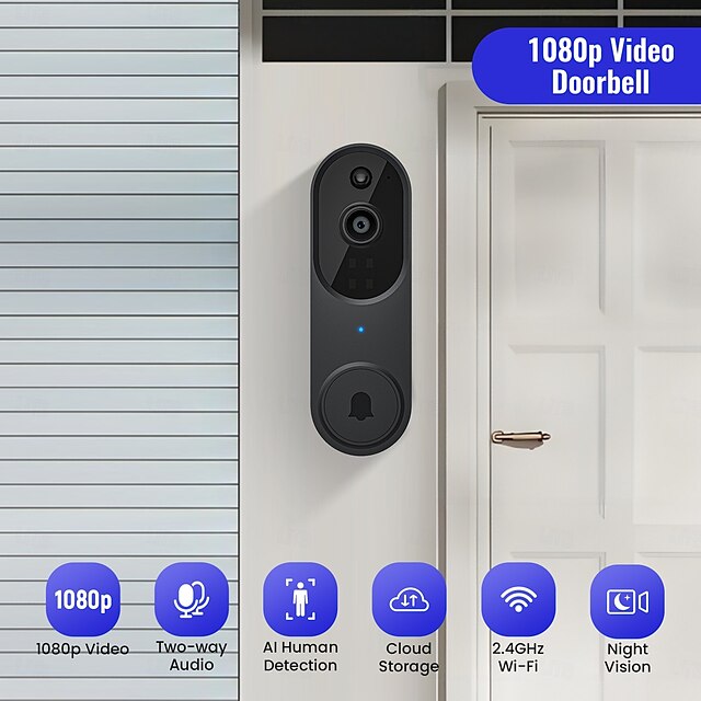  Sonnette vidéo 1080p, caméra intelligente, détection humaine par IA, vue en direct, carillon inclus, wifi 2,4 g, audio bidirectionnel