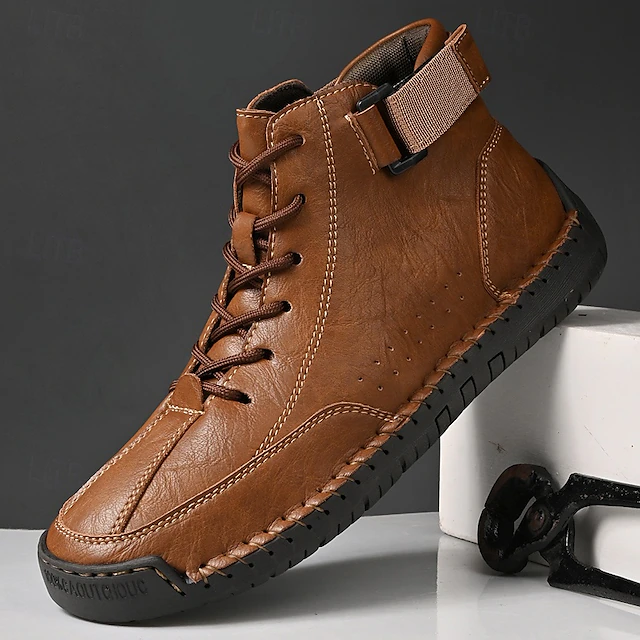 Men's Brown Faux Leather Casual Ankle Boots - Lace-Up Design with Adjustable Strap and Non-Slip Sole for Everyday Comfort 35